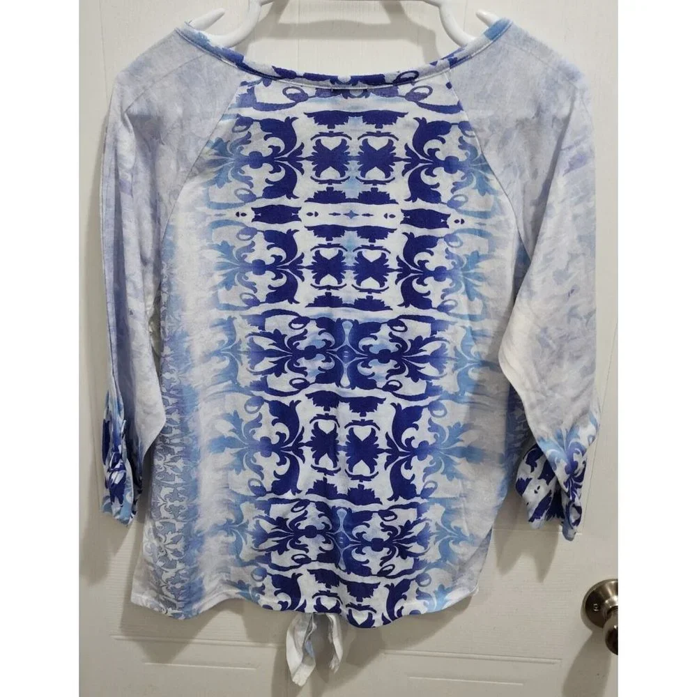 Chico's Women's 3/4 Sleeve’s‎ Embellished Tie Front Blouse Top Blue Size 2 (L)